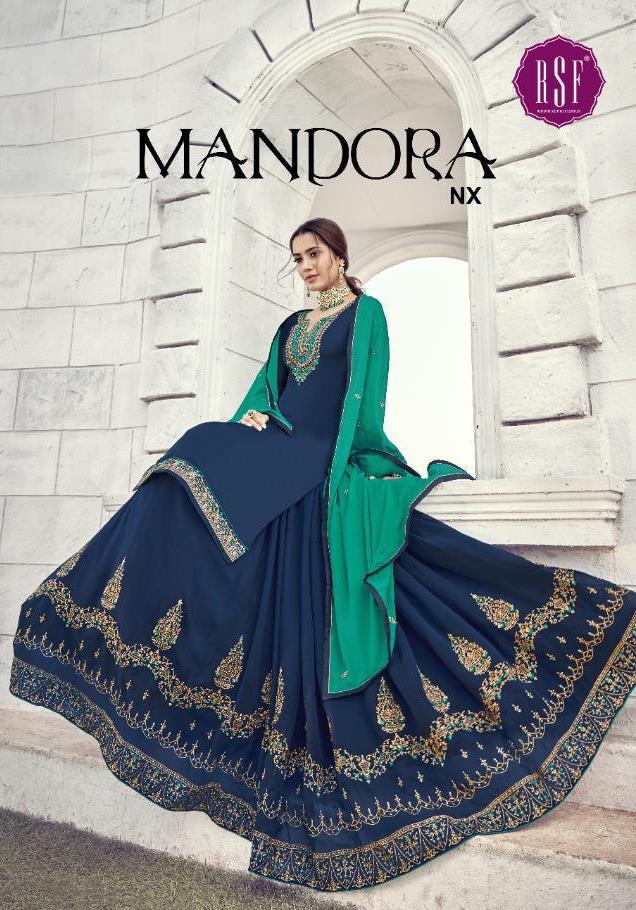 Rsf Present Mandora Nx Satin Georgette Silk Long Designer Party Wear Ghaghra Style Salwar Suit