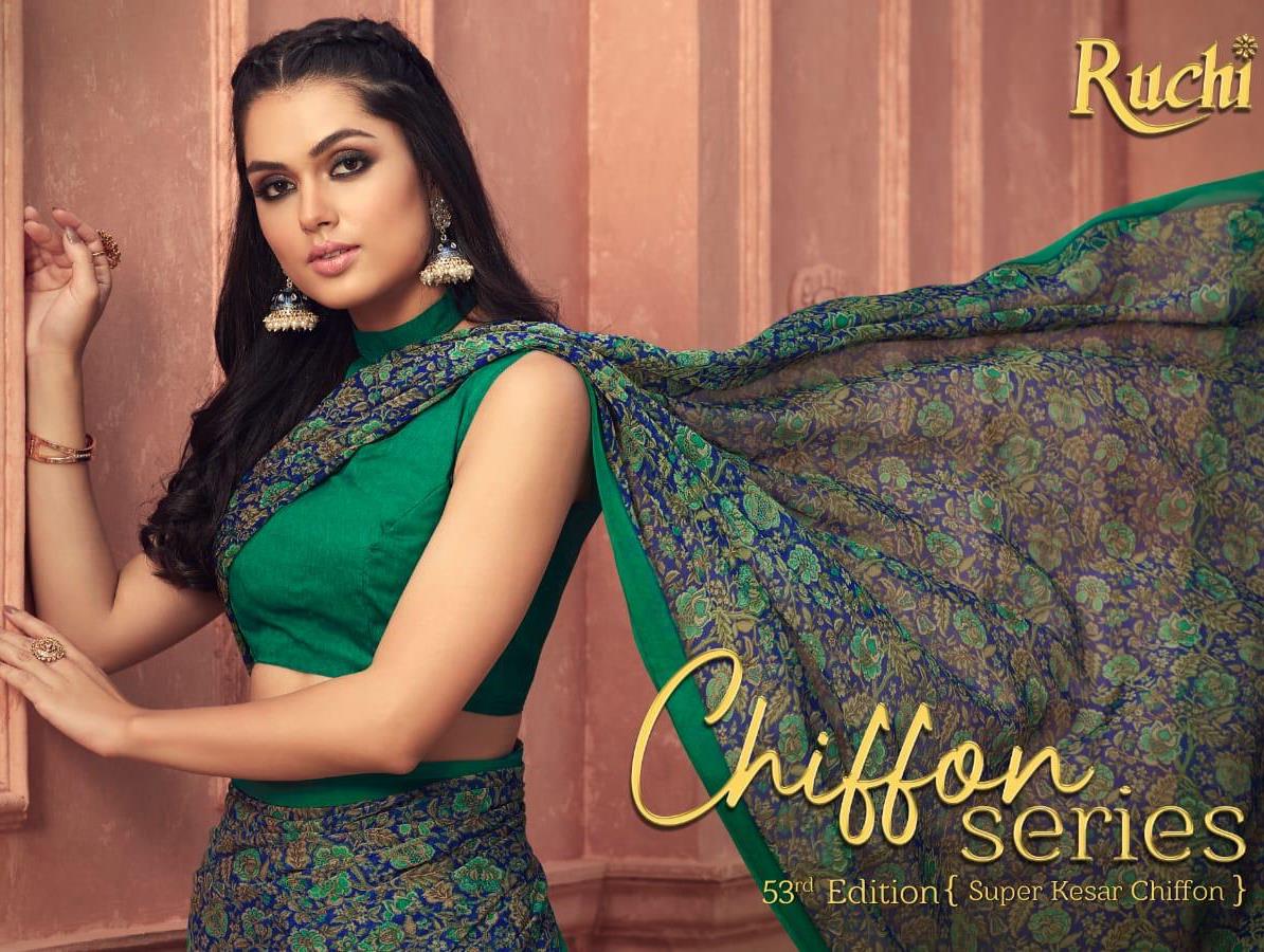 Ruchi Launch Super Kesar Chiffon 53 Edition Casual Wear Chiffon Saree At Lowest Rate