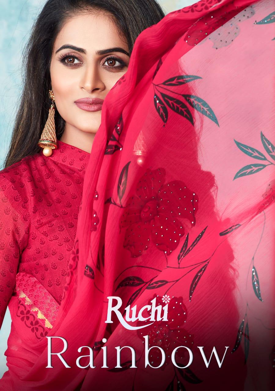 Ruchi Rainbow Chiffon With Diamond Work Printed Colourful Saree