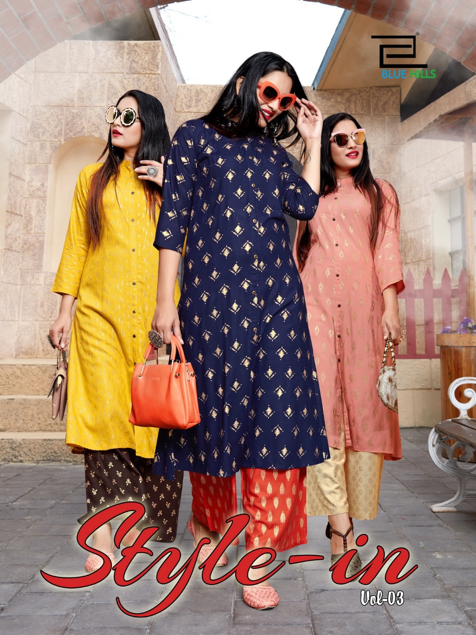 Style In Vol 3 By Blue Hills Rayon Gold Printed Long Kurti And Plazzo Pair Collection