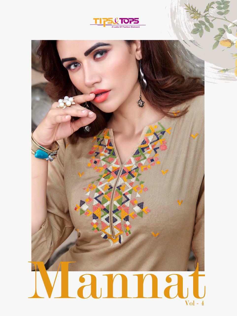 Tips And Tops Launch Mannat Vol 4 Rayon Embroidery Kurti With Bottom Wear Seller