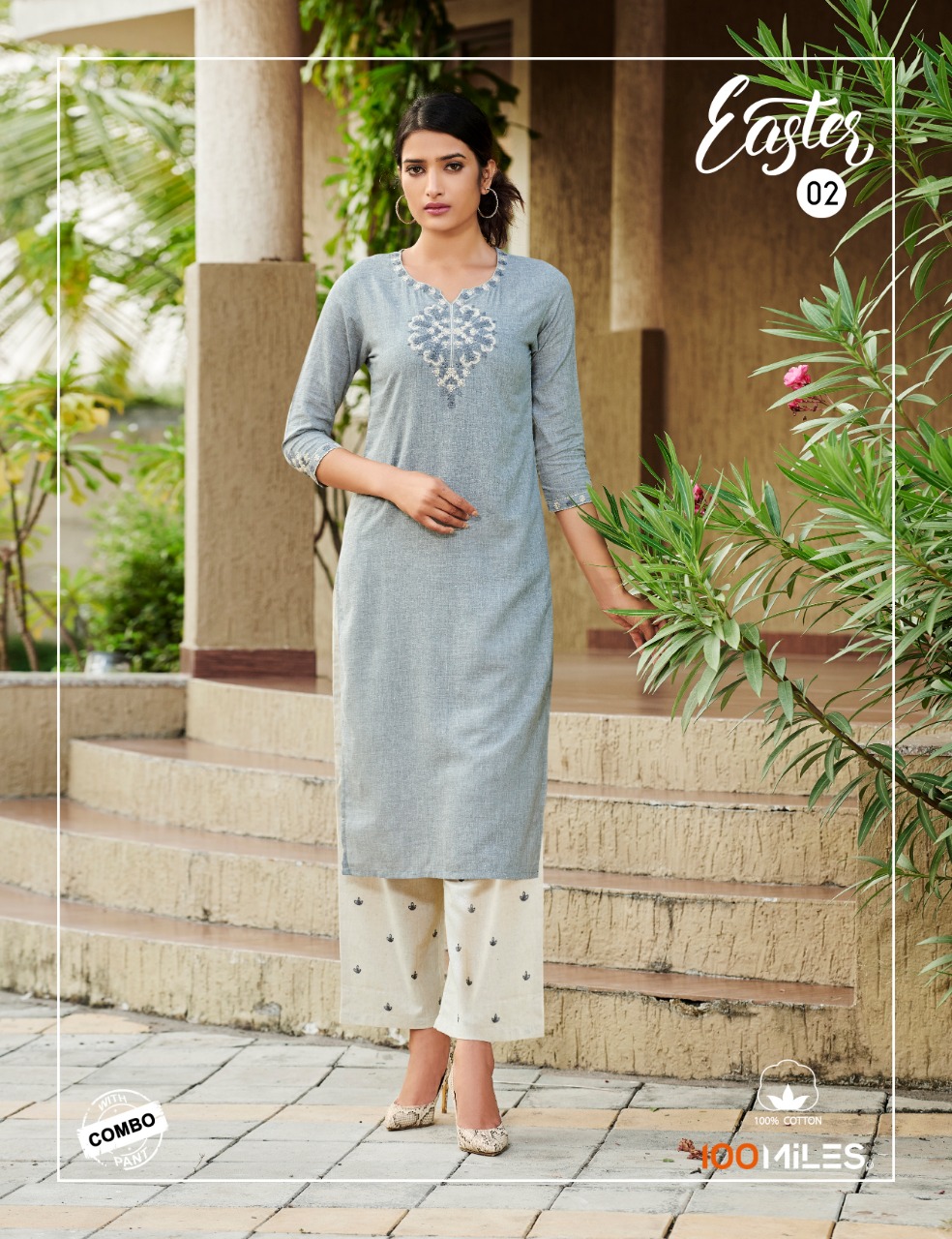 100 Miles Easter Linen Cotton Embroidery Kurti With Pant Collection