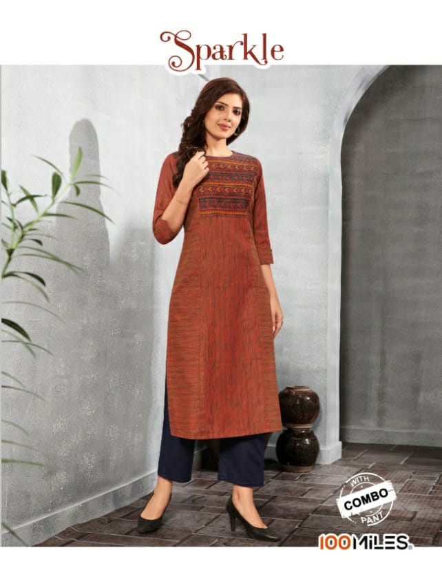 100 Miles Presenting Sparkle Premium Cotton Embroidered Kurti With Combo Pants