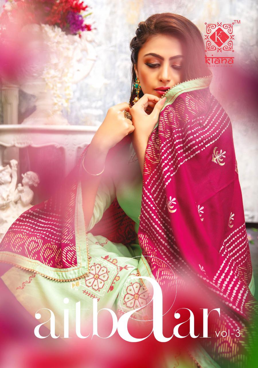 Aitbaar Vol 3 By Kiana Rayon Embroidery Work Top With Plazzo Skirt Pant And Sarara With Dupatta Collections