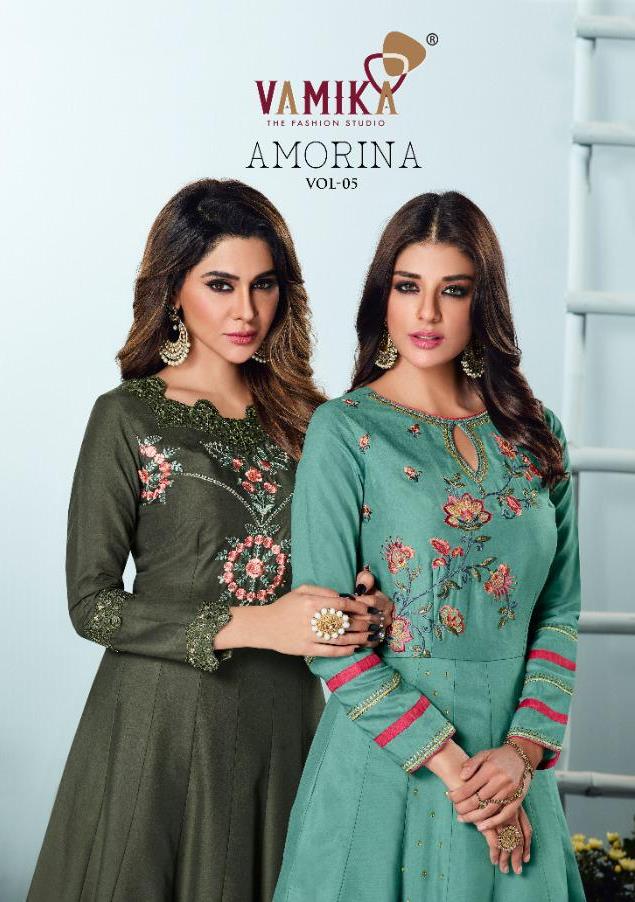 Amorina Vol 5 By Vamika 22021-22025 Series Muslin Silk Long Gown Style Kurti Collections