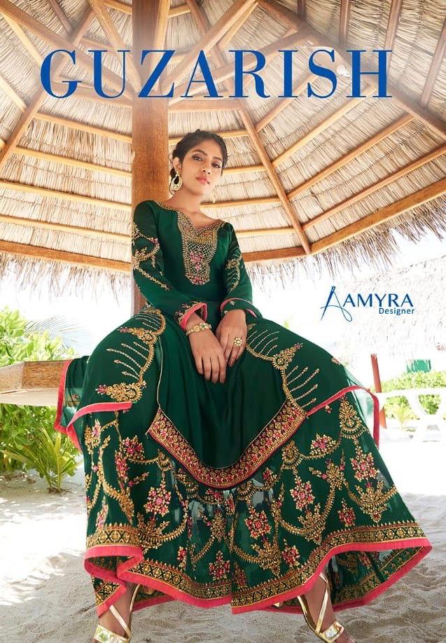 Amyra Designer Gujarish Satin Georgette Designer Suits With Heavy Embroidered Sharara Concept