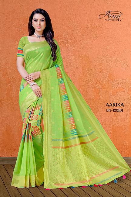 Aura Saree Launch Aarika Cotton Bright And Beautiful Colour Saree Catalogs Supplier