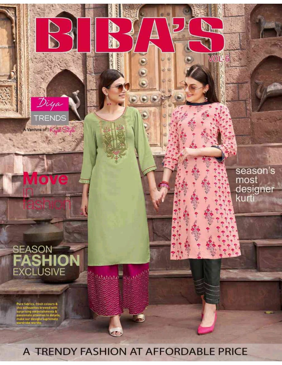 Diya Trends Bibas Vol 6 Rayon Classy Prints Kurti With Plazzo And Pant Pair Wear Daily