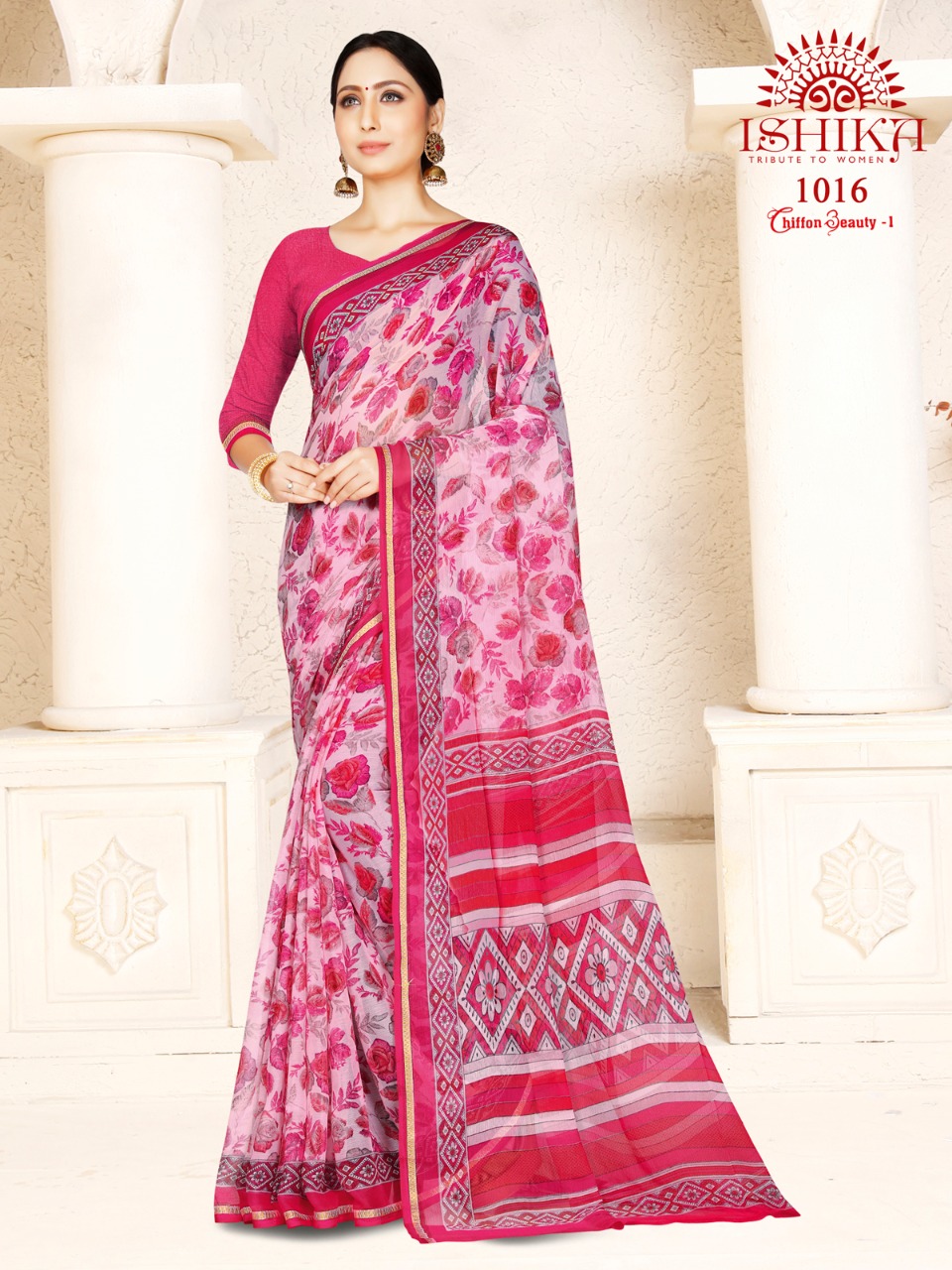 Ishika Saree Chiffon Beauty Chiffon Printed With Zari Border Saree Trader