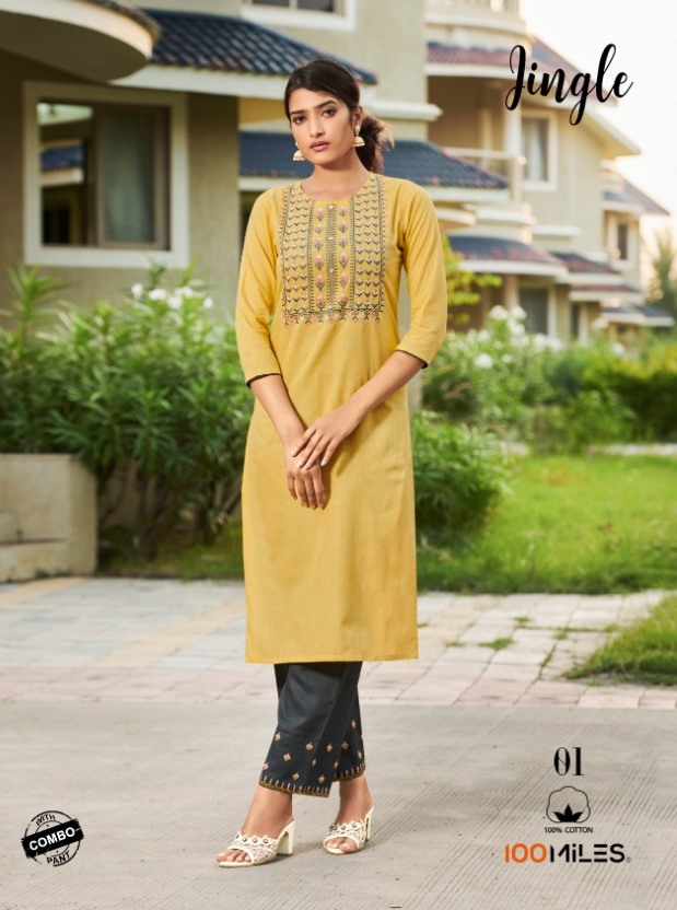 Jingle By 100 Miles Cotton Embroidery Work Kurti With Combo Pant Supplier