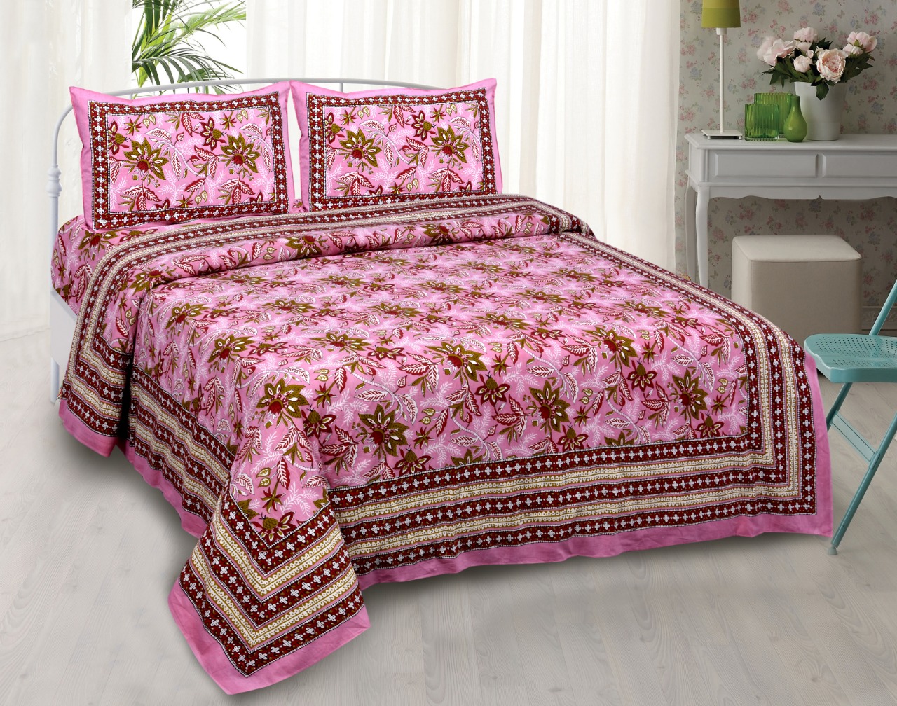 K4u Launch Elegance Pure Autoloom Cotton Dark Colors Bedsheet With Matching Pillow Cover