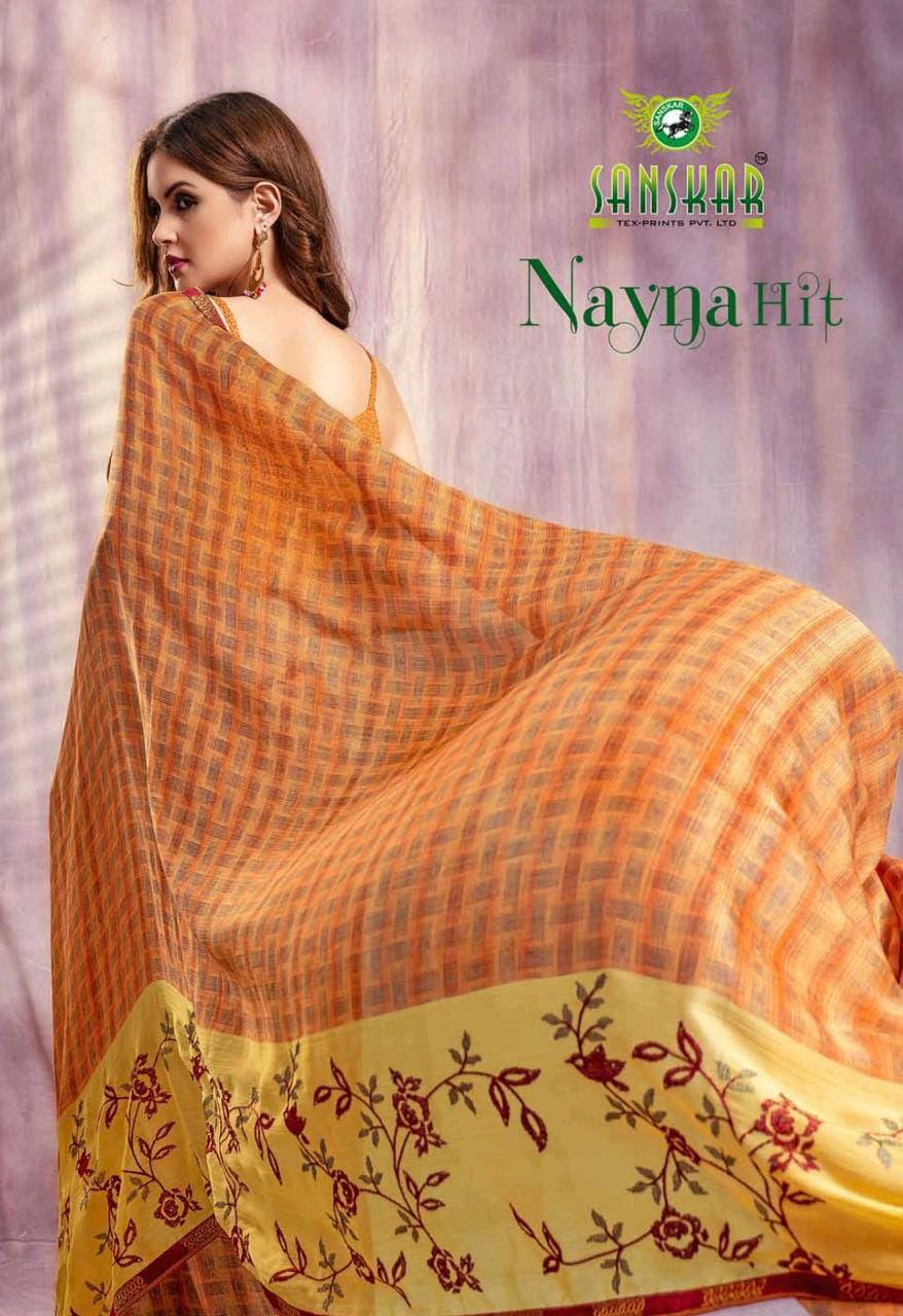 Nayna Hit By Sanskar Tex Prints Chiffon With Fancy Work Synthethic Saree Collections