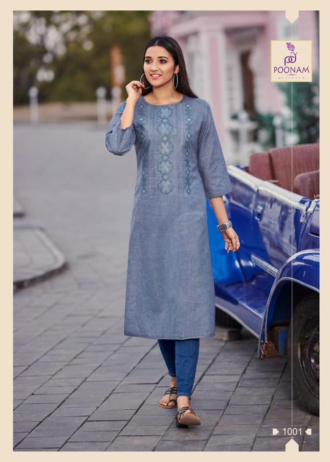 Poonam Designer Bijiliji Pure Cotton Slub Classic Embroidery Kurti 1001-1011 Series Collections