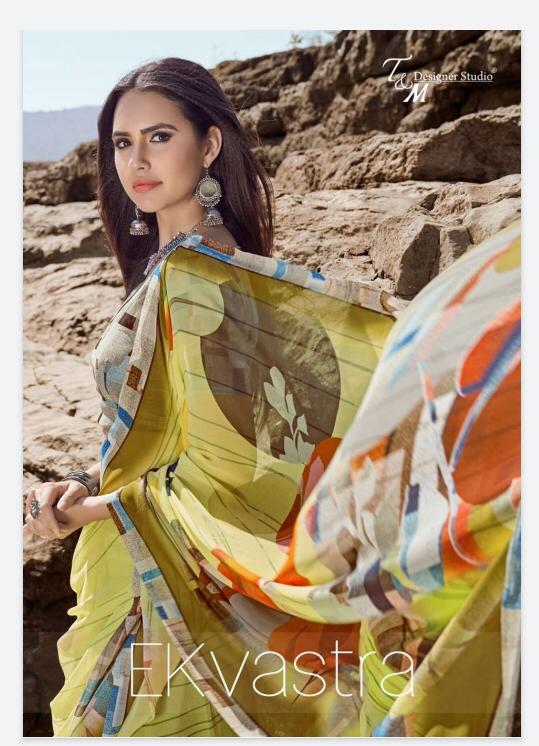 T And M Present Ek Vastra Vol 10 Georgette Digital Print With Border Saree Collection