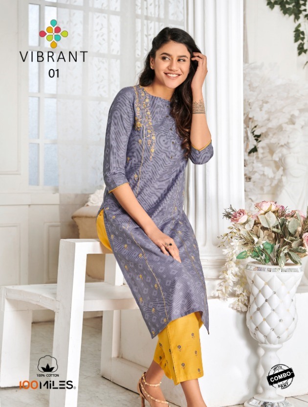 Vibrant By 100 Miles Premium Cotton Embroidered Kurti With Combo Pants