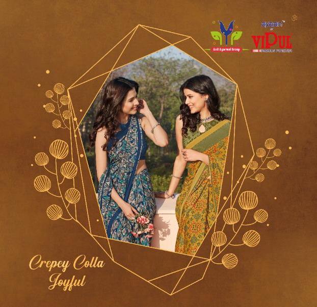 Vipul Crepey Colla Joyfull Pure Crape New Design Print Stylish Synthetic Saree Exporter