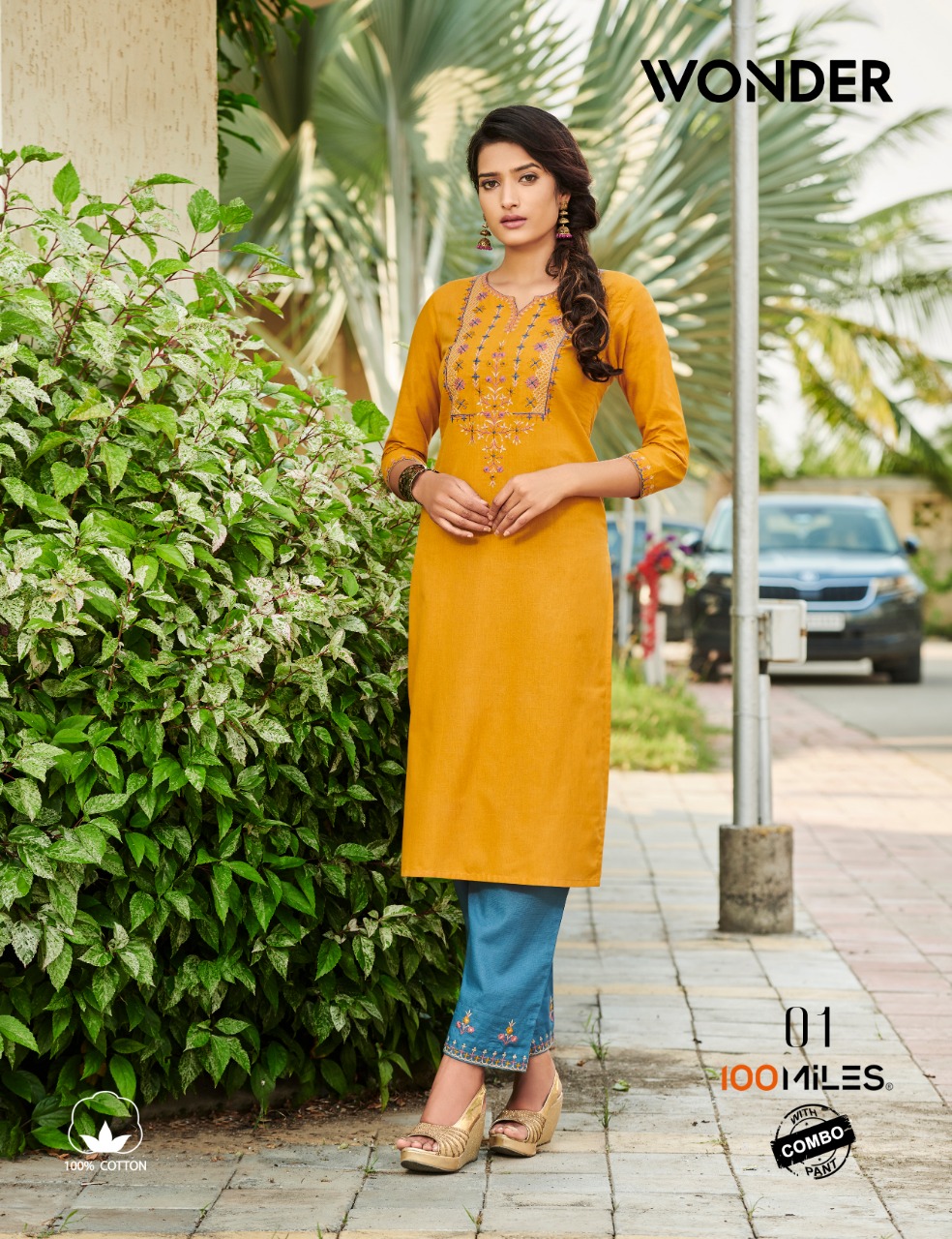 Wonder By 100 Miles Cotton Embroidery Work Kurti With Combo Pant Seller