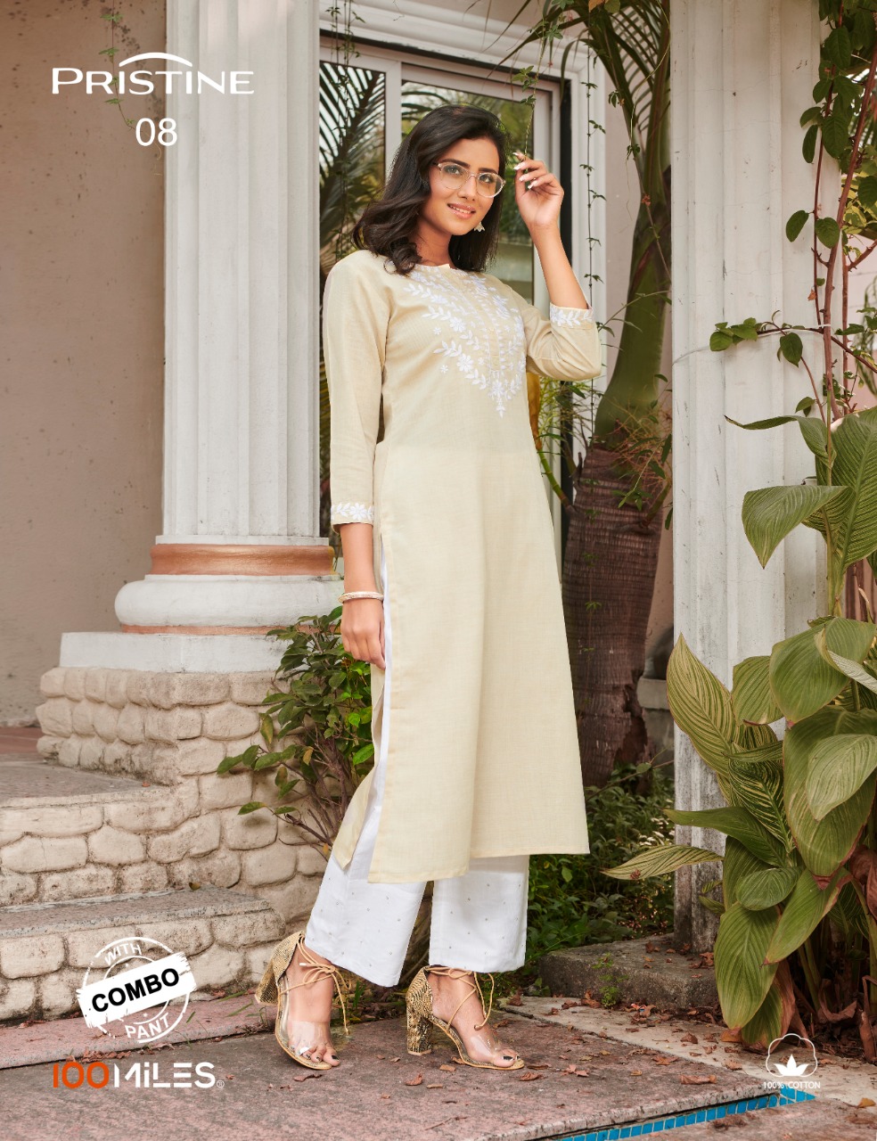 100 Miles Presents Pristine Vol 2 Linen Cotton Embroidered Kurti With Combo Pant