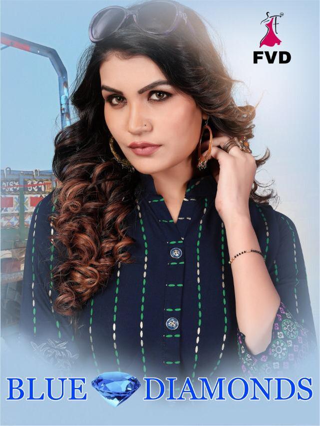 Fvd Launch Blue Diamond Long Gown Pattern Rayon Kurti At Wholesale Price In India