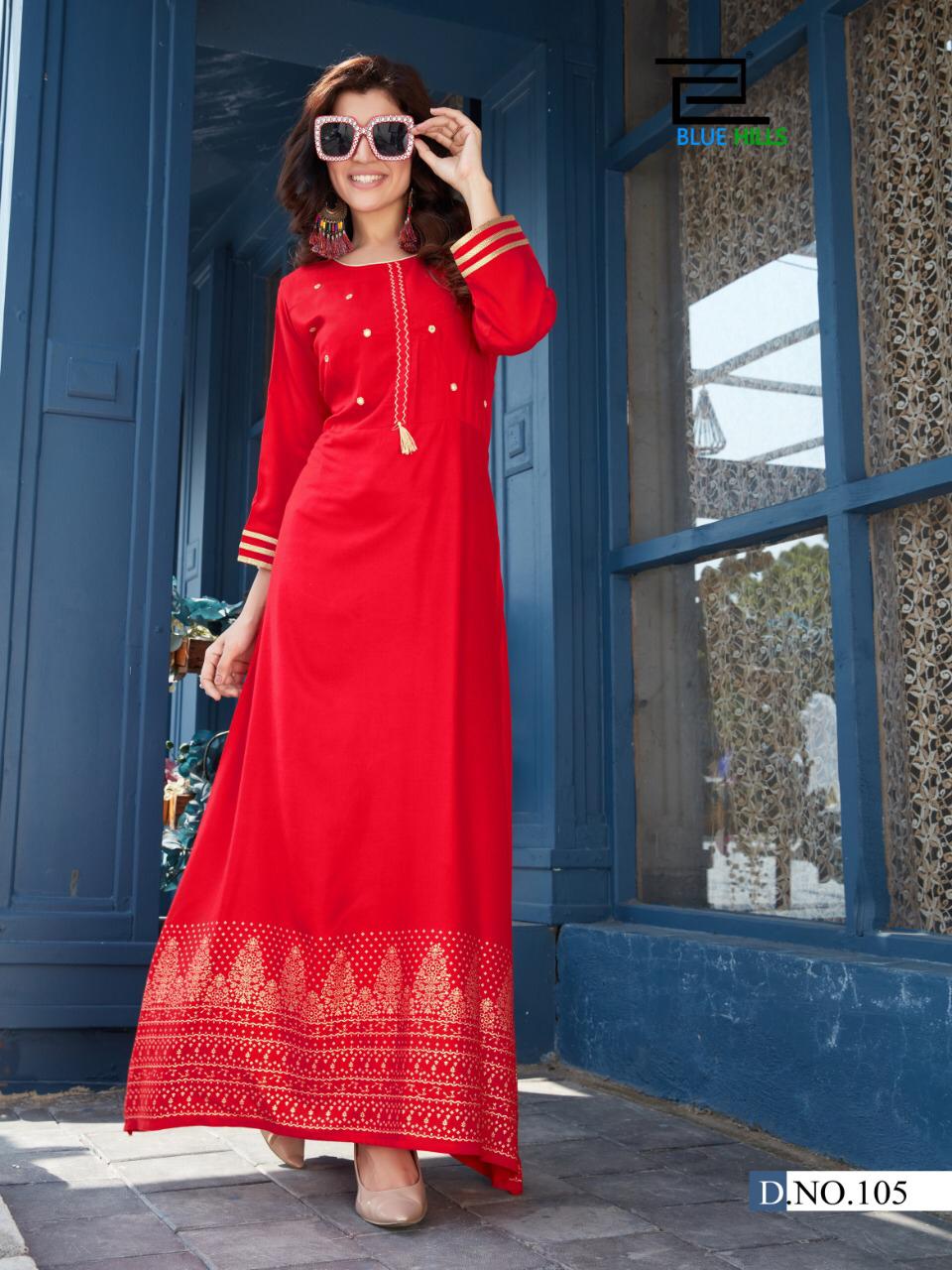 Hot Star Vol 3 Blue Hills Rayon Long Gown With Gold Print Stylish Kurti Wholesaler