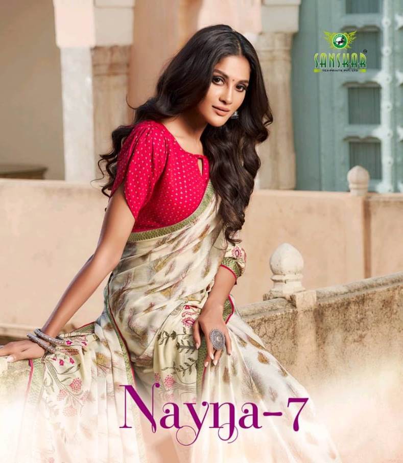 Nayna Vol 7 By Sanskar Tex Print Bright Chiffon With Embroidery Work Saree Catalogs Seller