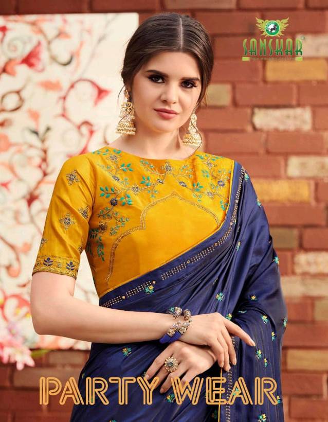 Party Wear By Sanskar Tex Print Latest Fancy Print Synthetic Heavy Saree Catalogs