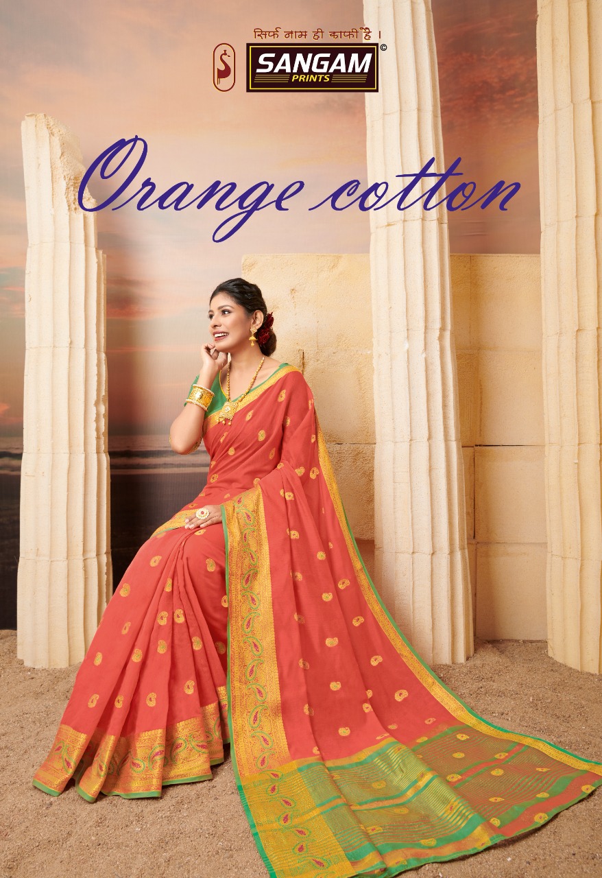 Sangam Print Presenting Orange Cotton Traditional Wear Exclusive Cotton Saree