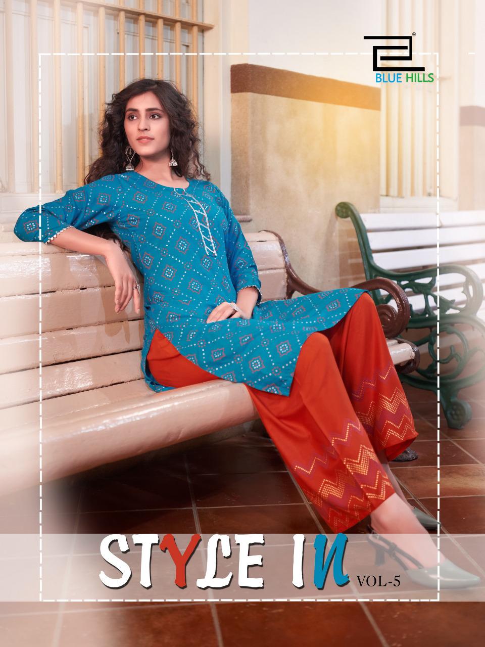 Blue Hills Style In Vol 5 Festival And Party Wear Rayon Print Kurti With Plazzo Concept