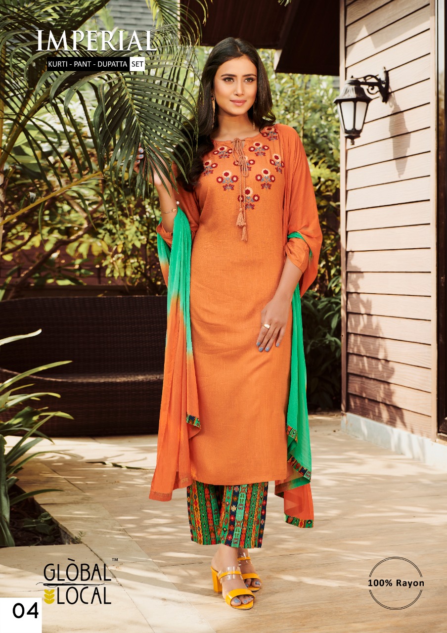 Imperial By Global Local Rayon Embroidery Work Readymade Kurti Pant With Dupatta