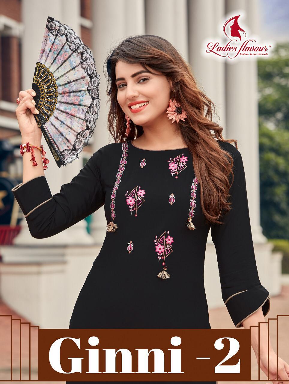 Ladies Flavour Ginni Vol 2 Rayon With Embroidery Work Top With Bottom Wholesaler