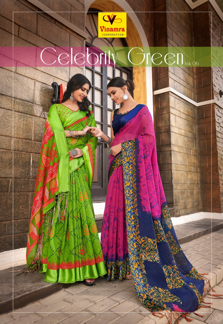 Vinamra Corporation Celebrity Green Vol 6 Cotton Satin Indian Design Print Saree