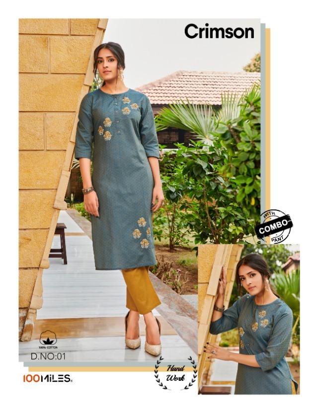 100 Miles Crimson Handwork Cotton Kurti With Combo Pants Wholesaler In Surat Market