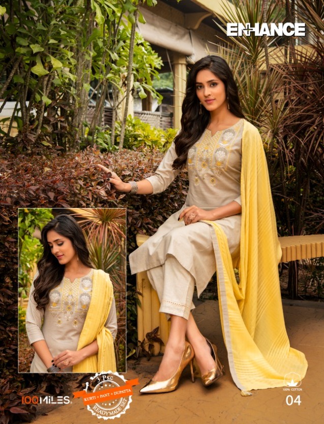 100 Miles Launch Enhance Cotton Embroidered Readymade Kurti Pant With Dupatta Set