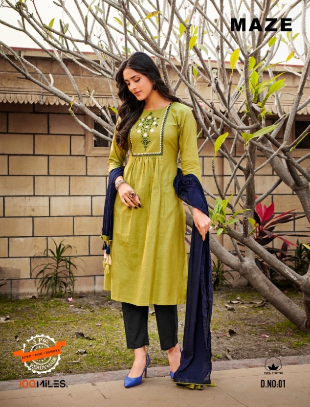 100 Miles Launch Maze Cotton Embroidered Readymade Kurti Pant With Dupatta Set