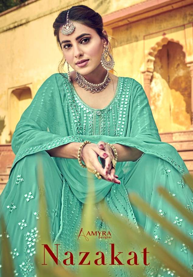 Amyra Designer Nazakat Georgette Heavy Mirror Work Sharara Bottom Party And Wedding Wear Suits