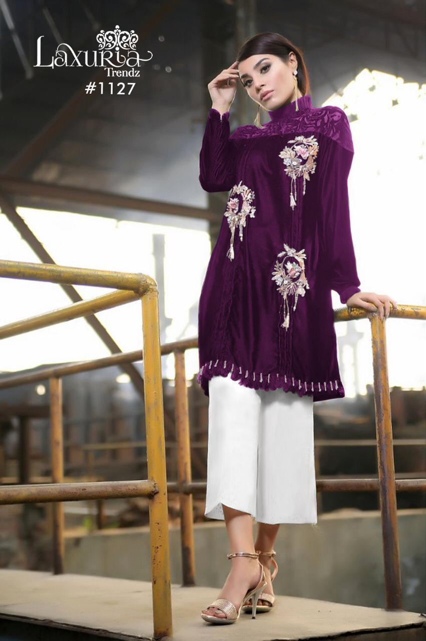 Laxuria Trendz Presents D No 1127 Velvet With Beautiful Work Top With Stretchable Pant