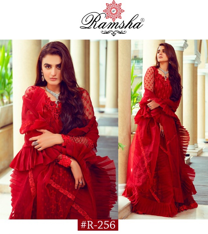 Ramsha Launch R254-r256 Series Net Heavy Embroidery Designer Party Wear Dress Materials