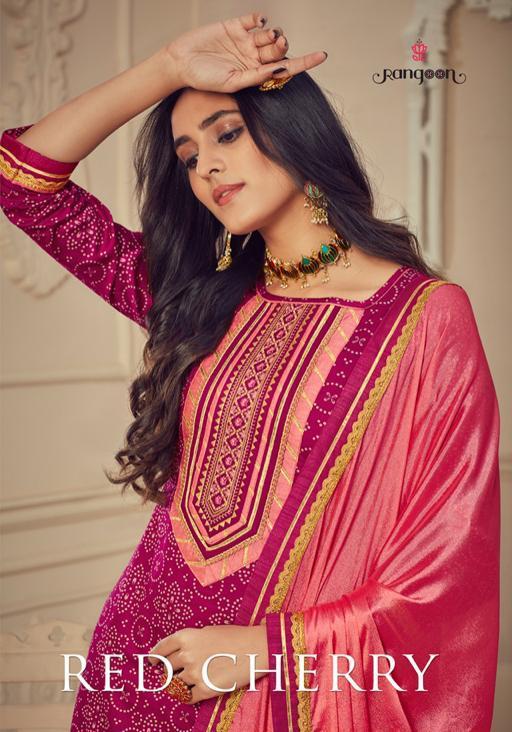 Red Cherry By Rangoon Jam Silk Print With Embroidery Readymade Long Wedding And Festival Wear Suits