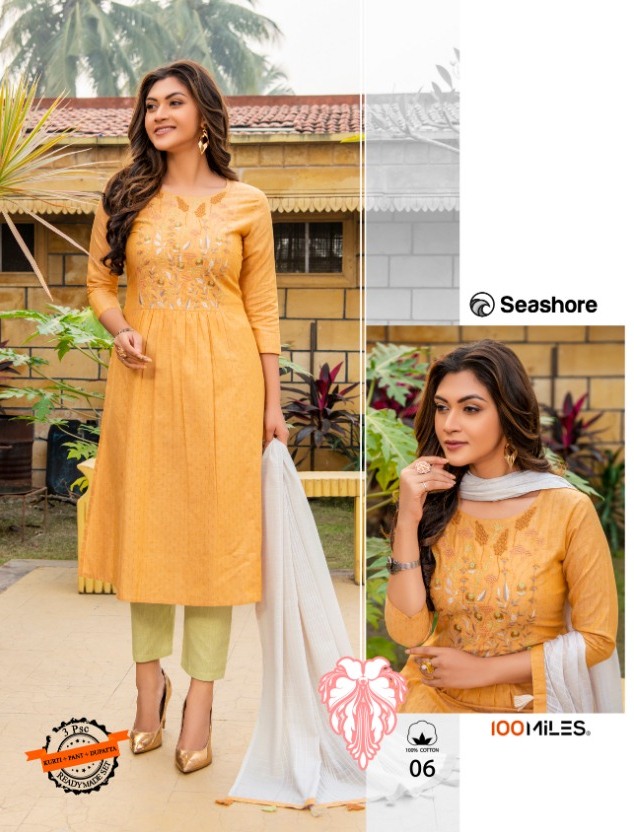 Seashore By 100 Miles Cotton Embroidery Work Readymade Kurti Bottom With Dupatta Set