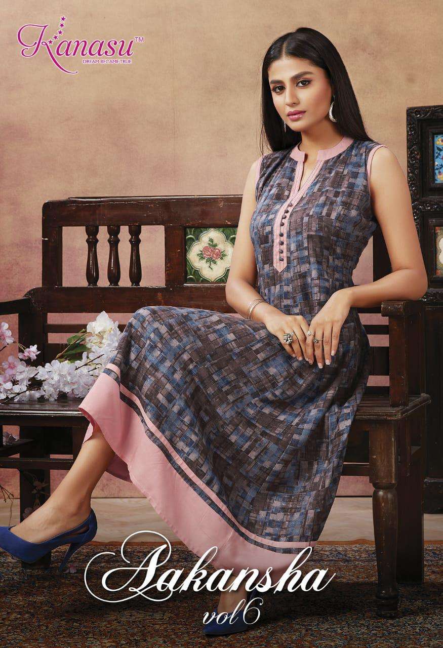 aakansha vol.6 by kanasu heavy rayon print kurti catalog collection wholesaler best rate 