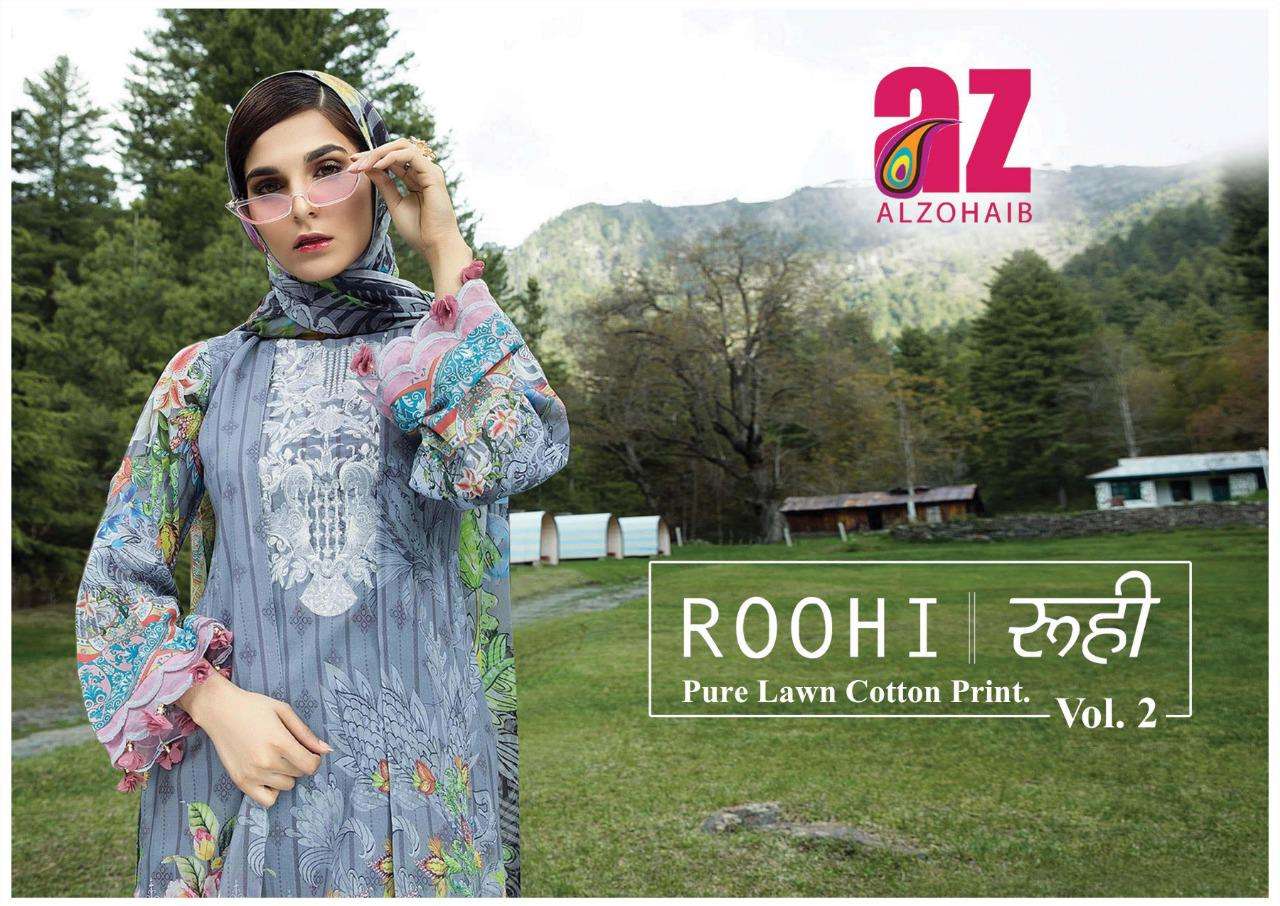 alzohaib roohi vol 2 lawn cotton printed suits wholesaler in surat 