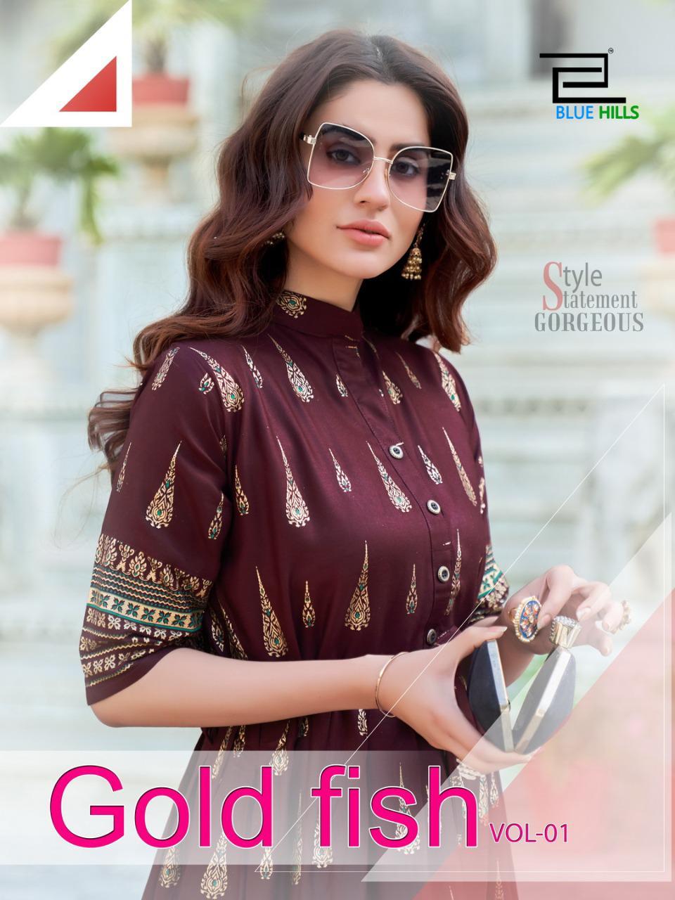 Blue Hills Gold Fish Vol 1 Rayon Kali Style Wholesale Kurtis Store In Surat