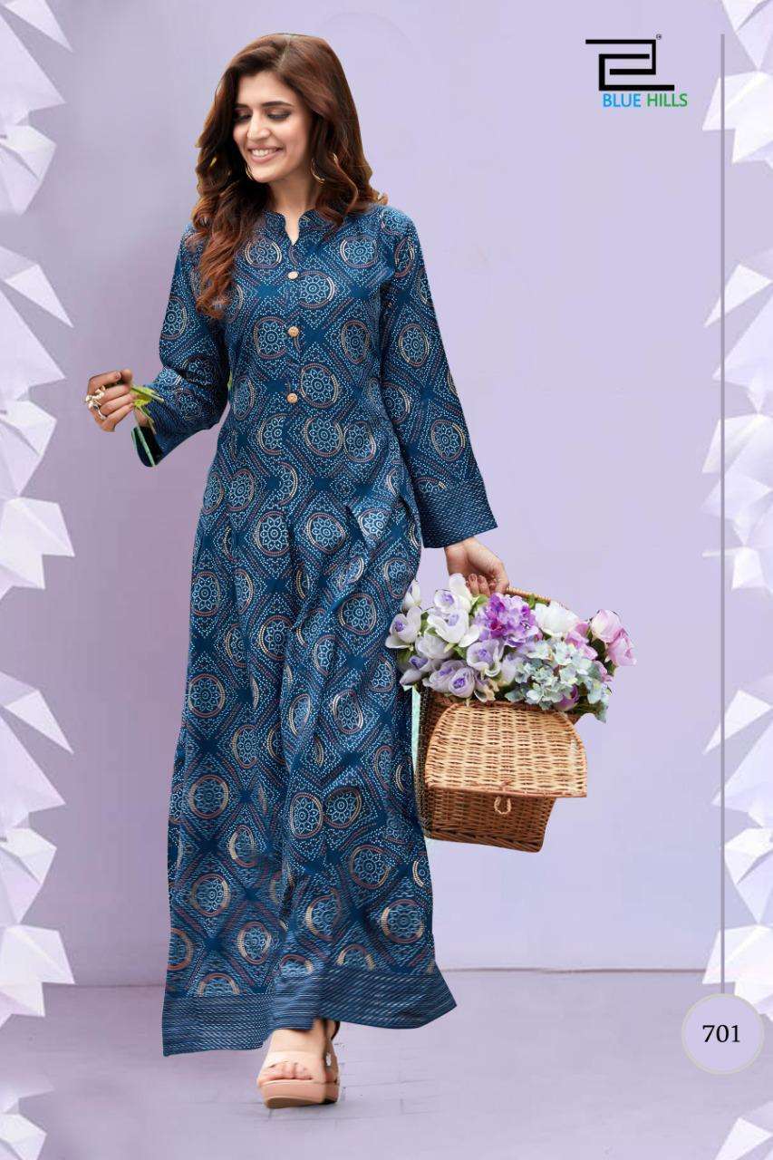 blue hills walkway vol 7 nx long gown foil printed kurtis collection wholesale only 