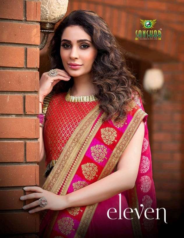 eleven by sanskar tex print fancy saree with rich border collection