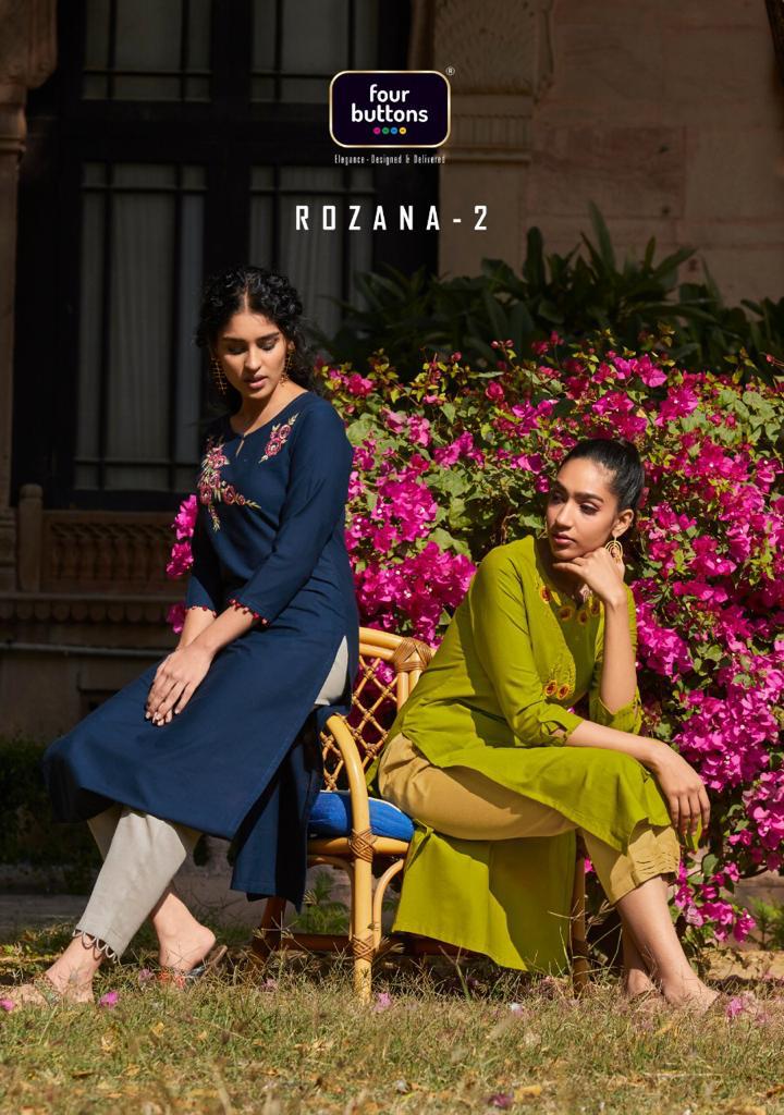 Four Buttons Rozana Vol 2 Cotton With Embroidery Top With Bottom Wear Set