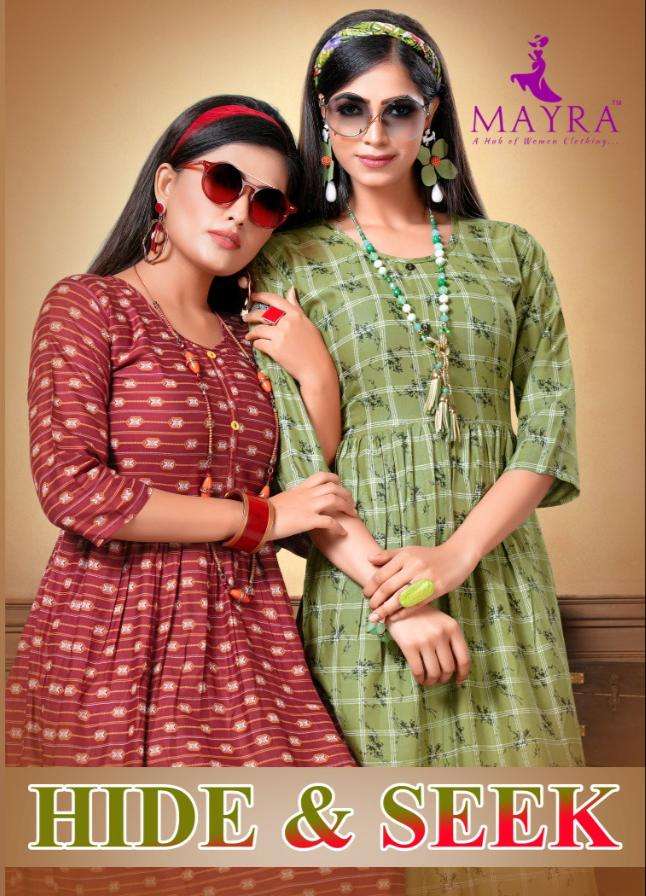 hide & seek by mayra heavy rayon print with flair kurti Cataolog Collection Wholesaler Best Rate In Ahmedabad Surat Chennai India Uk Usa Malaysia Singapore Canada Australia