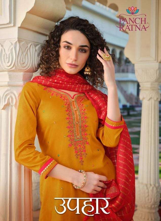 panch ratna present uphaar cotton satin work dress materials