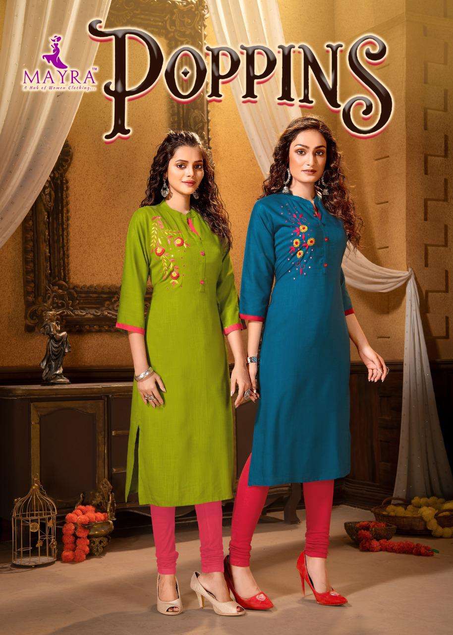 poppins by mayra heavy rayon slub with embroydrey work kurti catalog collection wholesaler best rate ahmedabad surat india