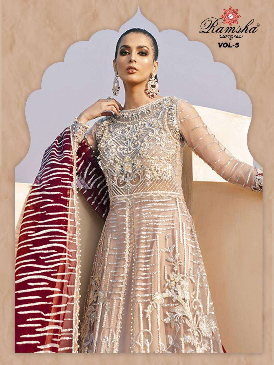 ramsha vol 5 281-284 series net heavy embroidered pakistani dresses wholesaler 