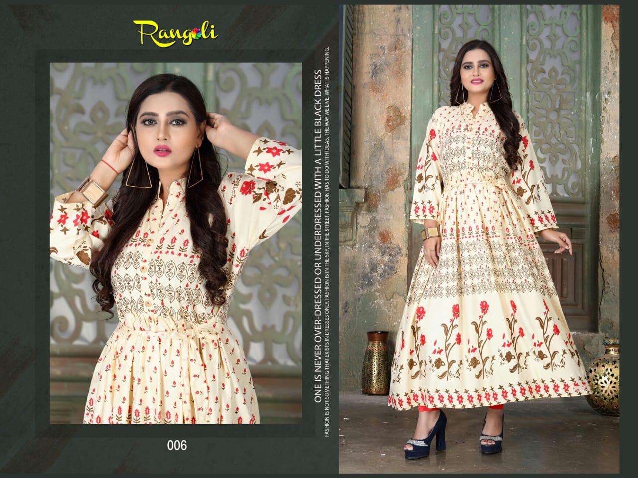 rangoli by aagya heavy rayon with gold print  kurti catlog collection wholesaler best rate surat